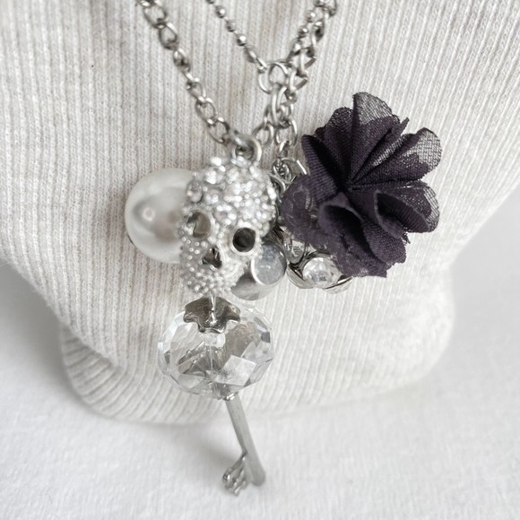 Silver Tone 8-Charm Necklace Opera Length Double Stranded Ball & Cable Chains - Picture 4 of 12